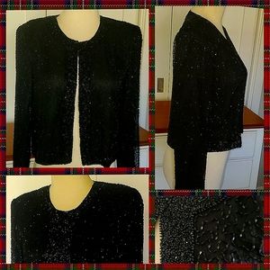 Vtg Silk Embellished Beaded Black Evening Holiday Party cardigan Jacket Bolero